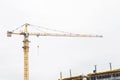 Industrial tower crane builds new concrete city building or apartments on construction site Royalty Free Stock Photo