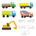 Industrial transport, simple children`s drawing for coloring. truck, dumper, wagon, excavator, concrete mixer. EPS