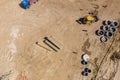 Industrial truck loader excavator moving earth and unloading. Aerial view Royalty Free Stock Photo