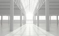 Industrial urban interior of an empty warehouse in monochrome white color. Large loft-style factory building. 3D rendering. Royalty Free Stock Photo