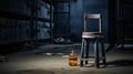 Industrial Urban Scenes: Dark Room With Wooden Chair And Whiskey Bottle