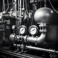 An industrial vacuum pump with pipes and gauges high cont created with generative AI Royalty Free Stock Photo