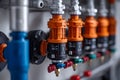 Industrial valves and pipe connections aligned in a technical room Royalty Free Stock Photo