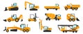 Industrial vehicles. Cartoon construction trucks and heavy machinery. Bulldozer and excavator. Building crane or loader