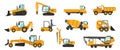 Industrial vehicles. Cartoon construction trucks and heavy machinery. Bulldozer and excavator. Building crane or loader. Cargo Royalty Free Stock Photo