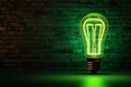 Industrial vibe green neon lamp with light bulb symbol, brick