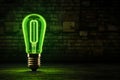 Industrial vibe green neon lamp with light bulb symbol, brick