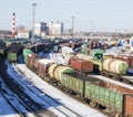 Industrial view with lot of freight railway trains waggons Royalty Free Stock Photo