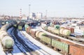 Industrial view with lot of freight railway trains waggons Royalty Free Stock Photo