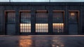 Industrial warehouse exterior with illuminated windows at dusk Royalty Free Stock Photo