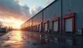 Industrial warehouse exterior with multiple loading docks under dramatic sunset sky. Reflective wet pavement in foreground Royalty Free Stock Photo