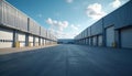 Industrial warehouse exteriors with multiple rolling garage doors under bright blue sky with scattered clouds. Symmetrical modern Royalty Free Stock Photo