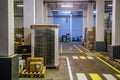 Industrial warehouse interior. Goods in carton and polyethylene packaging