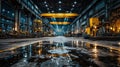 Industrial Warehouse Interior with Reflections and Dramatic Lighting Royalty Free Stock Photo