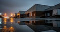 Industrial warehouse loading docks at dusk with reflections in puddles Royalty Free Stock Photo