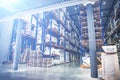 Industrial warehouse and logistics concept. Large storage with racks, shelves, boxes, containers and other goods