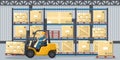 Industrial warehouse with pallet racks with stacked boxes. Industrial worker driving a forklift. Forklift driving safety. Cargo