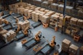 industrial warehouse, with robots working in unison to sort and pack products