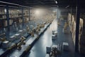 industrial warehouse, with robots working in unison to sort and pack products