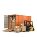 Yellow Forklift Loading Cardboard Boxes into Shipping Container Royalty Free Stock Photo