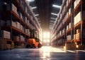 Industrial warehouse with shelves full of goods and forklift.Empty storage place.AI Generative