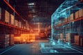 Industrial warehouse visualization merging traditional storage with advanced holographic data flow Royalty Free Stock Photo