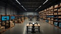 An industrial warehouse where AI-guided drones and robots manage inventory