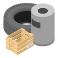 Industrial waste icon isometric vector. Car tire near crate and street metal urn