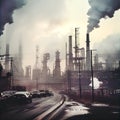 Industrial waste and pollution. Power station with pipes and smoke stack, dirty industrial landscape