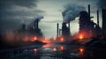 Industrial waste and pollution. Power station with pipes and smoke stack, dirty industrial landscape