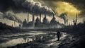 Industrial wasteland with polluted river, thick smoke, and desolation Royalty Free Stock Photo