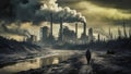 Industrial wasteland with polluted river, thick smoke, and desolation Royalty Free Stock Photo