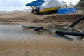 Industrial wastewater, the pipeline discharges liquid industrial waste into the sea on a city beach. Dirty sewage flows from a