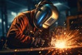 Industrial welder welding fabricated construction in factory. Welding process by Shielded Metal Arc Welding or Stick Welding Royalty Free Stock Photo