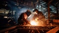 Industrial welding of steel structure in factory. Sparks while welder working Royalty Free Stock Photo