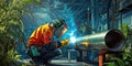 Industrial Welding Work: Protective Gear and Sparks Amidst Greenery Royalty Free Stock Photo