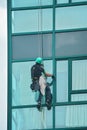 Industrial window cleaner - man hanging on roofs with safety equipment, cleaning facade of tall modern glass building Royalty Free Stock Photo