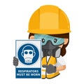 Industrial woman construction worker with a warning sign for the mandatory use of respirators. Respirators must be worn.