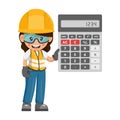 Industrial woman worker with calculator for financial analysis, accounting and budget calculation of a construction site.