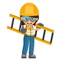 Industrial woman worker carrying a ladder with thumb up. Supervisor with personal protective equipment. Industrial safety and