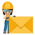 Industrial woman worker with giant letter envelope for email. Communication, marketing, notification and contact concept.