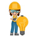 Industrial woman worker with giant light bulb. Creative concept for the generation of ideas. Industrial safety and occupational Royalty Free Stock Photo