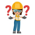 Industrial woman worker with giant question sign for FAQ concept. Industrial safety and occupational health at work