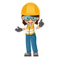 Industrial woman worker with his personal protective equipment pointing his finger. Expressing an idea and indicating with the