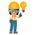 Industrial woman worker with light bulb. Creative concept for the generation of ideas. Industrial safety and occupational health Royalty Free Stock Photo