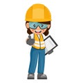 Industrial woman worker with notepad for project evaluation with thumb up. Construction supervisor engineer with personal