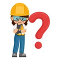 Industrial woman worker pensive and expressing doubt with giant question sign for FAQ concept. Industrial safety and occupational