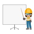 Industrial woman worker with personal safety equipment giving a talk or industrial safety training. Engineer in a presentation