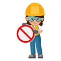 Industrial woman worker with prohibited sign. Worker with his personal protective equipment. Industrial safety and occupational