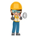 Industrial woman worker with thumb up making an announcement with a megaphone. Construction supervising engineer with personal